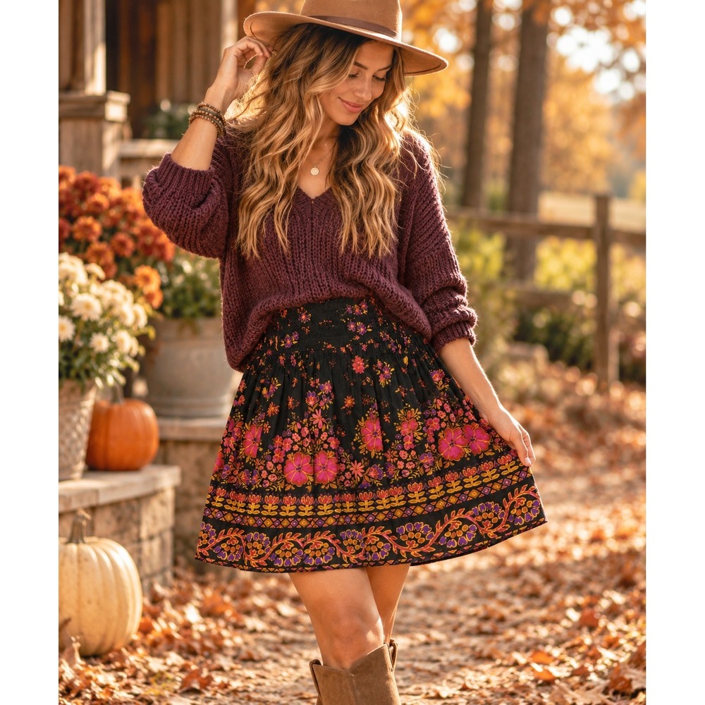 Natural Life Floral Border Print Skirt L Black Pink Boho Smocked Waist NWT